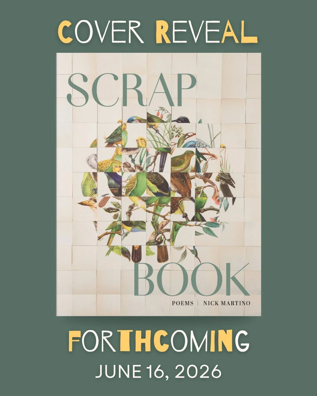 We're thrilled to reveal the cover art for Nick Martino's SCRAP BOOK, the 2024 #AliceJamesAward Editor&rsquo;s Choice, forthcoming June 16, 2026 🌟

Designed by Tiani Kennedy, the cover features "On Green" by Lizzie Buckmaster Dove, an artw