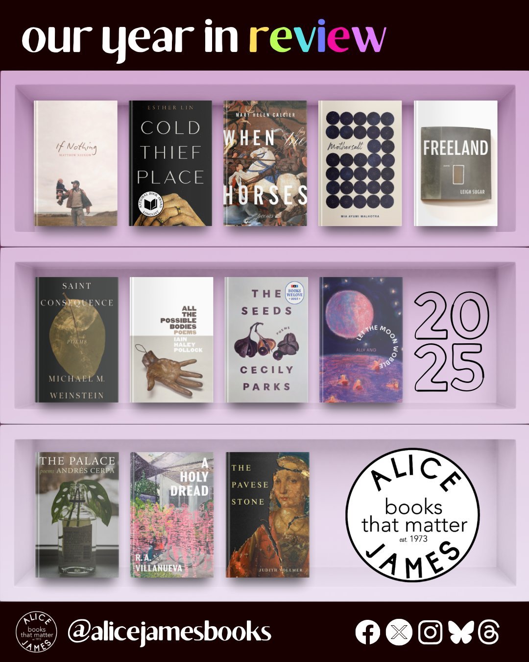 Thank you for being part of Alice James Books in 2025. This year brought debut voices, award recognition, new readers, sold-out titles, and so many moments of connection across our community of poets and supporters.

We&rsquo;re proud of what our aut