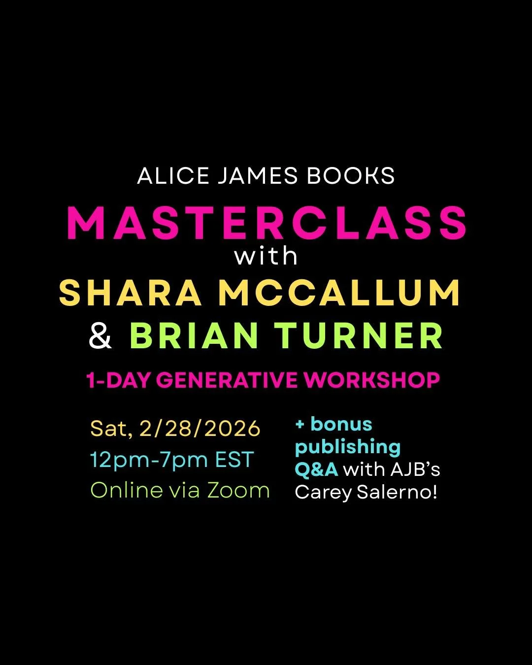 📣 Just one month left to register for our 1-day generative masterclass with Shara McCallum and Brian Turner 🌟

This virtual workshop runs from 12&ndash;7pm EST on February 28, 2026. Registration includes access to all course materials, signed books