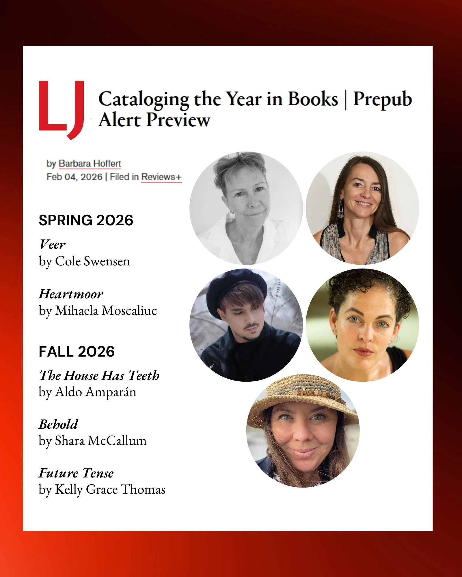 We&rsquo;re thrilled to see five (!) Alice James Books titles featured in Library Journal&rsquo;s 2026 pre-pub preview 🎉 It&rsquo;s an honor to have these books and authors in the spotlight, and we can&rsquo;t wait for readers to experience these co