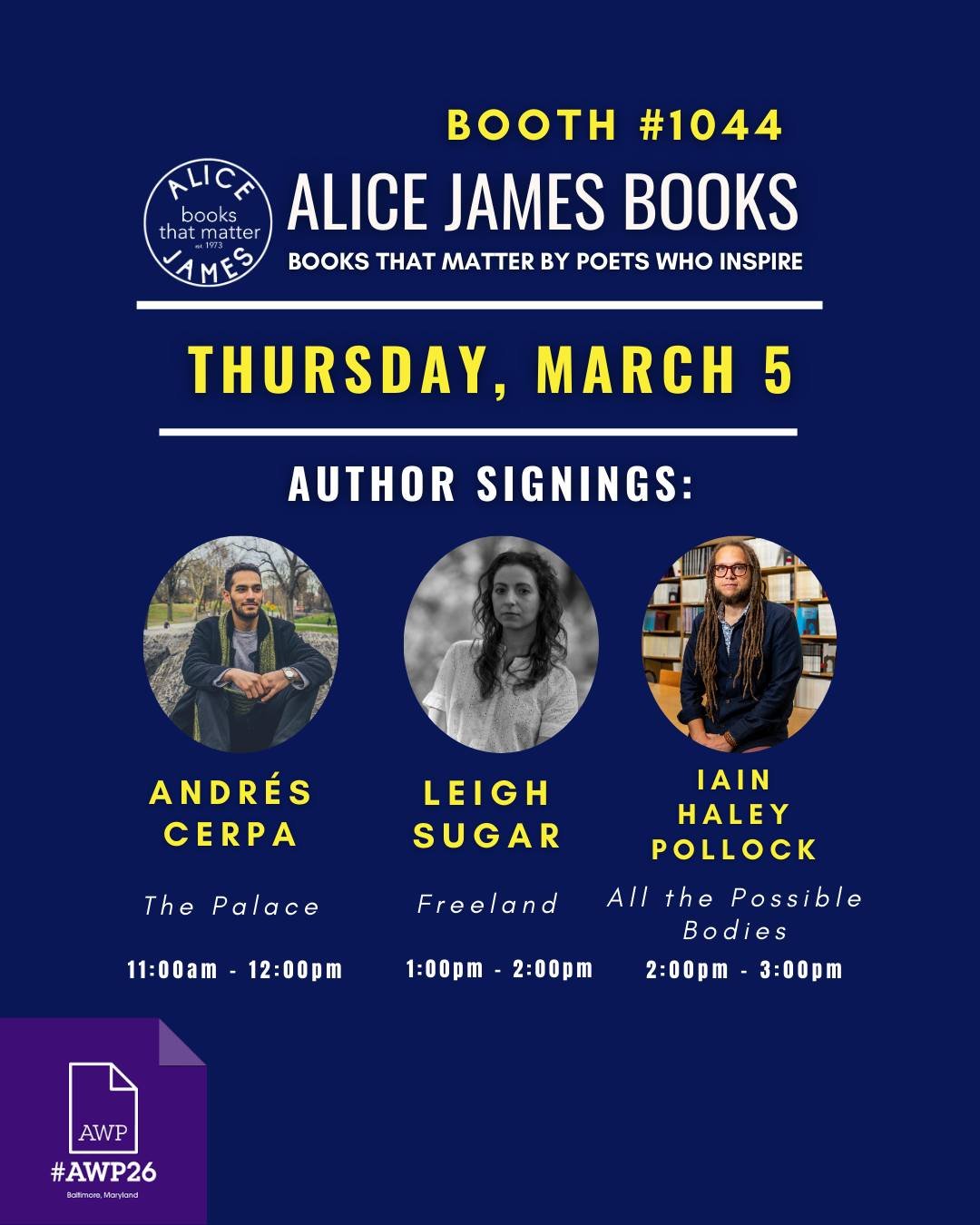 **CORRECTION**
Coming to #AWP26? Us too! Here's everywhere we'll be during the conference, below. We hope you swing by and visit us at Booth #1044 🥰 

THURSDAY 3/5⭐
-Andr&eacute;s Cerpa signing THE PALACE 11 AM - 12 PM
-Leigh Sugar signing FREELAND 