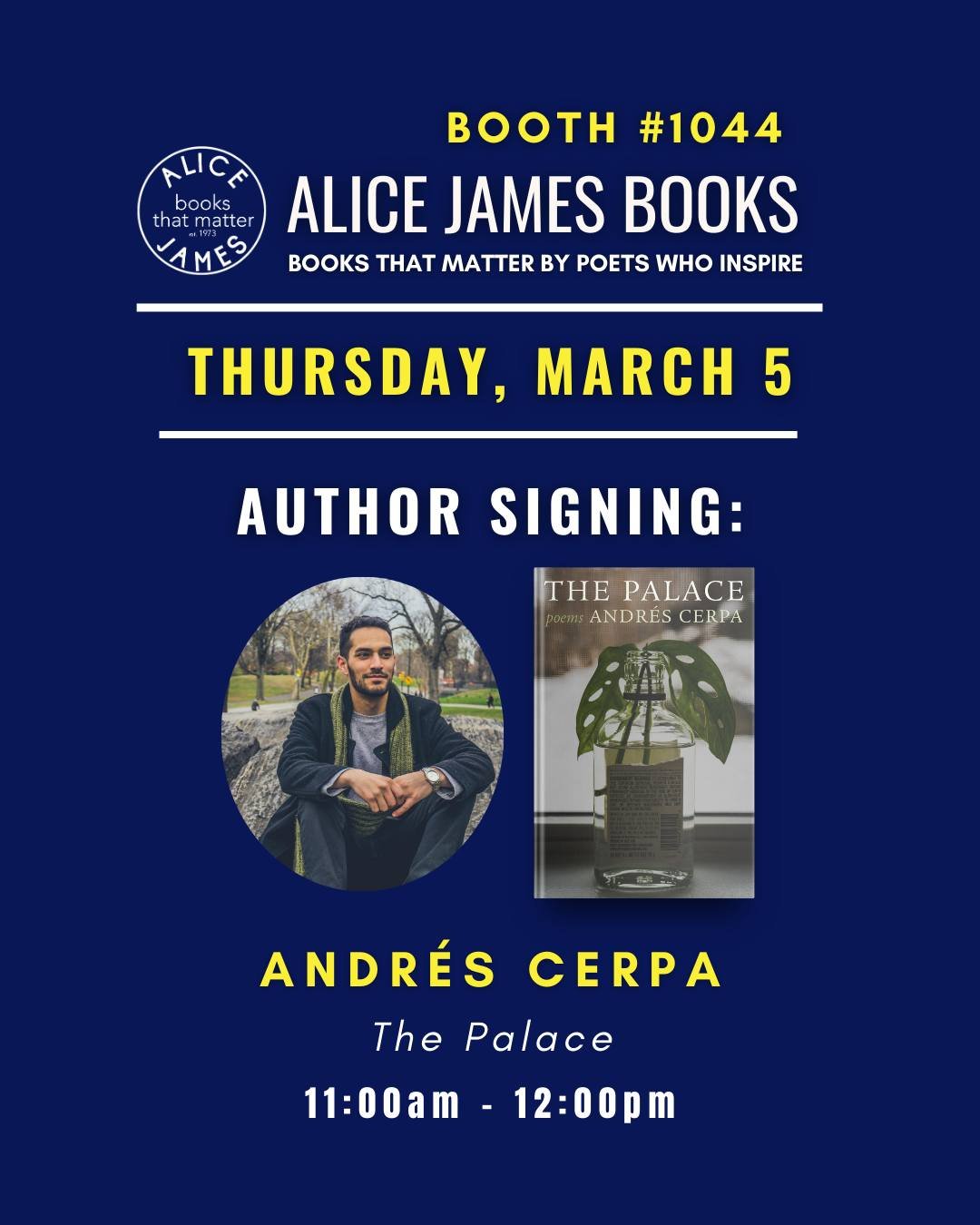 Swing by Booth #1044 at 11 AM to meet Andr&eacute;s Cerpa 🎉! He&rsquo;ll be signing copies of his newly released collection, THE PALACE, and you can also pick up his other two AJB collections at our booth. Stop by for a chat, a signature, or just to