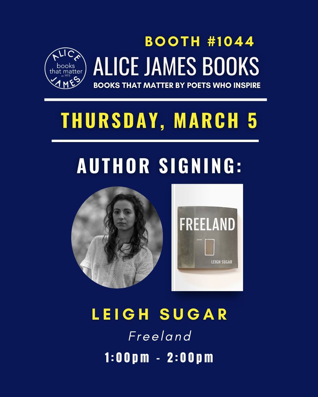 Swing by Booth #1044 today from 1-2 PM to meet Leigh Sugar and get your copy of FREELAND signed ✍️ Don&rsquo;t miss your chance to chat with one of today's must-read poets! We can't wait to see you 💛
