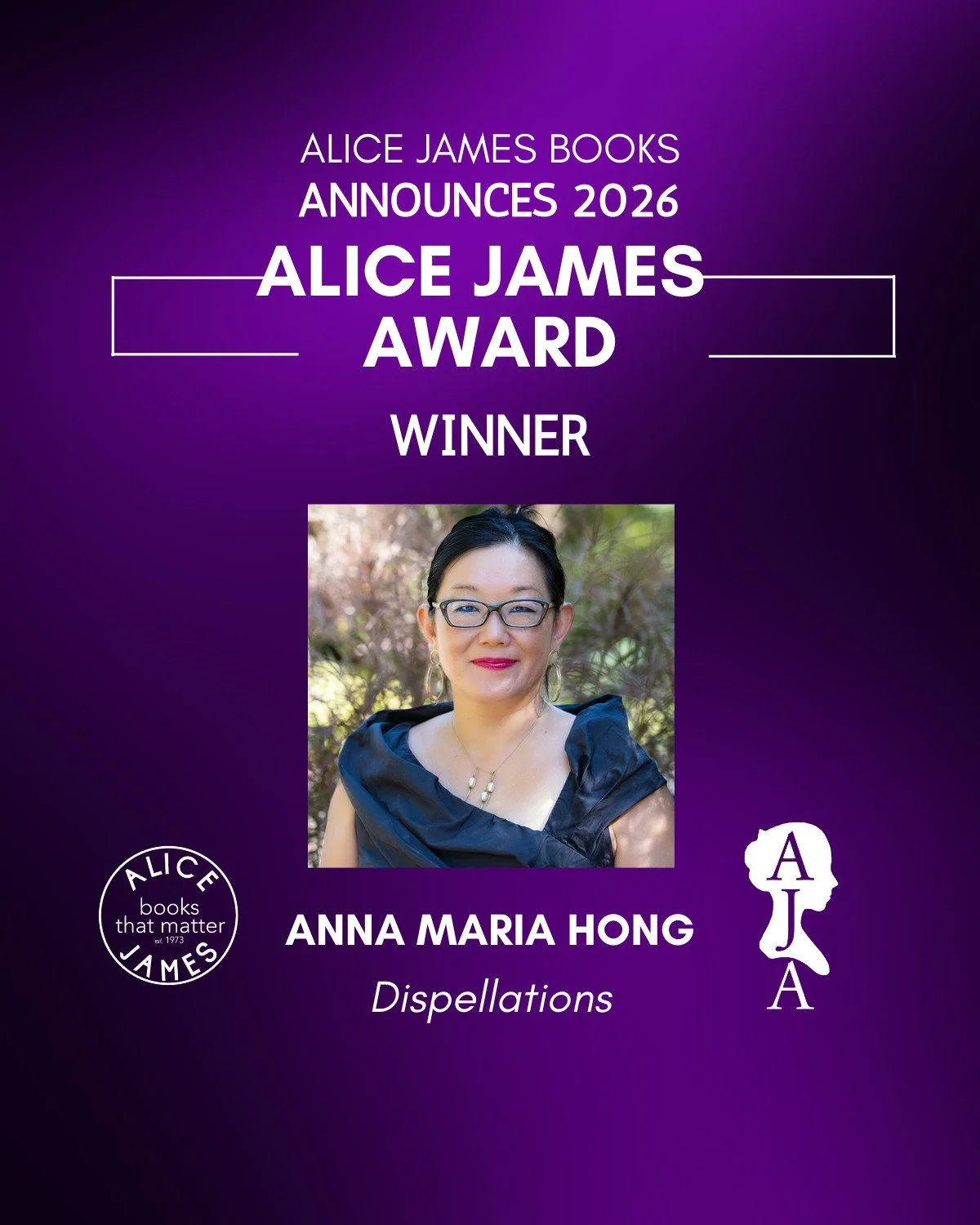 At long last, we are elated to announce the winner of the 2026 #AliceJamesAward! This year's winner is Anna Maria Hong for her collection DISPELLATIONS, which will be published in September 2028. Full announcement at the link in our bio!

We're grate