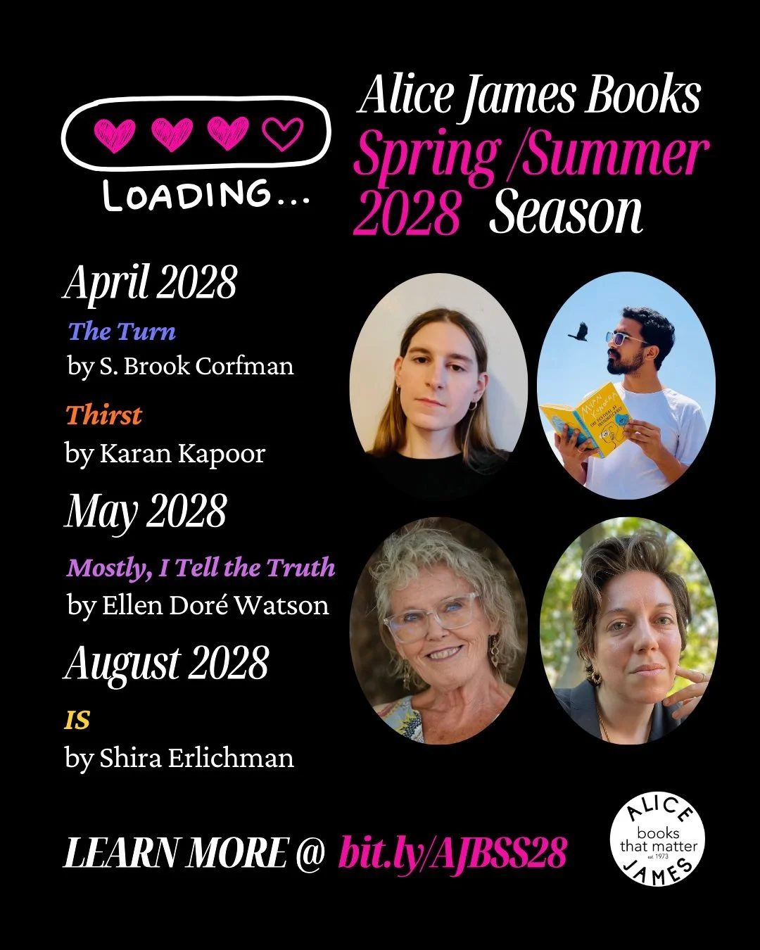 📣 Introducing Our Spring 2028 Season 📣

We&rsquo;re thrilled to welcome back Shira Erlichman (ODES TO LITHIUM), whose second poetry collection, IS, will be published in August 2028, and Ellen Dor&eacute; Watson (PRAY ME STAY EAGER), whose newest co