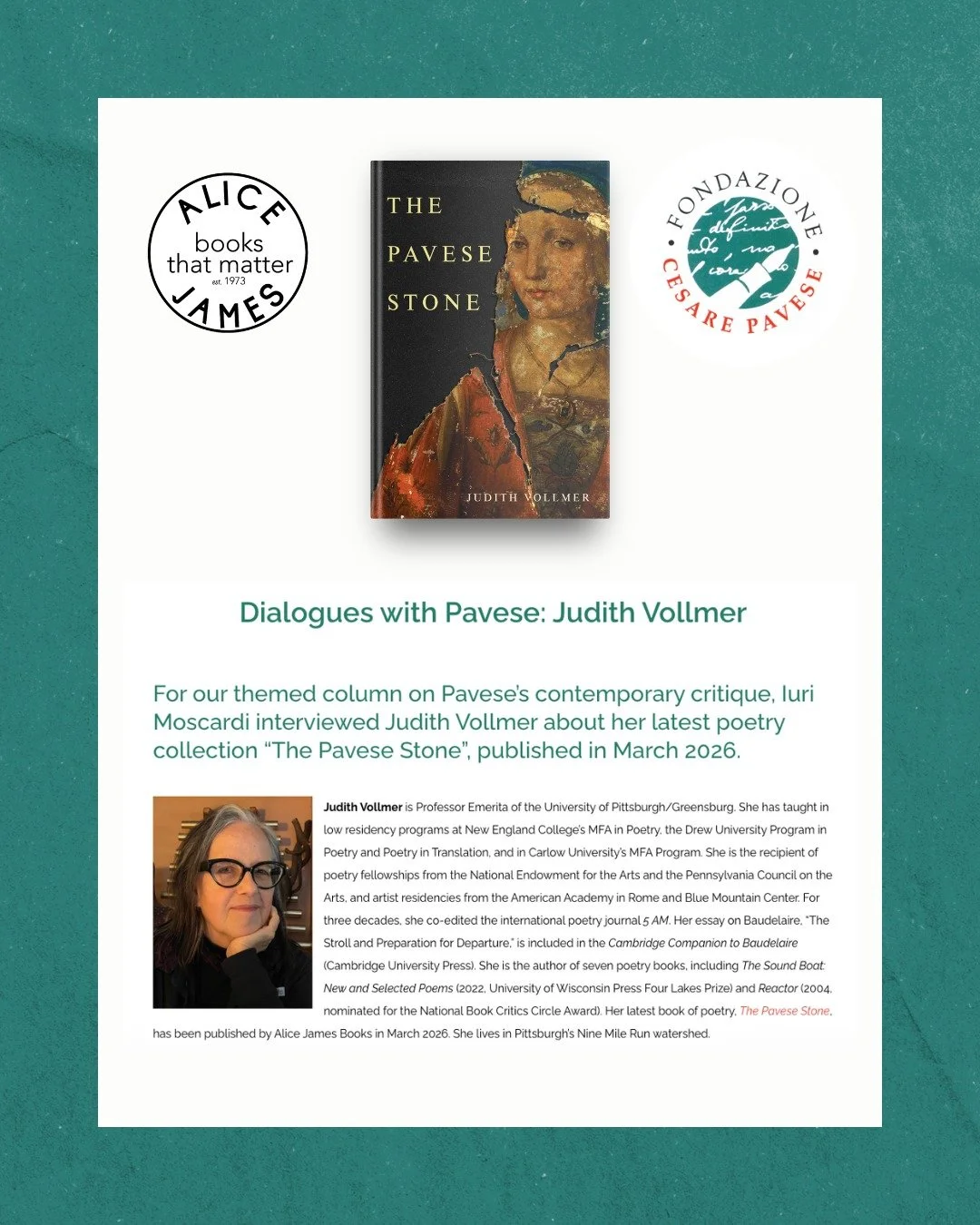 We&rsquo;re delighted to share a new conversation with THE PAVESE STONE author Judith Vollmer, featured in the &ldquo;Dialogues with Pavese&rdquo; series from @fondazionecesarepavese 🫶

🔗 Read the full interview at the link in our bio! 
💛 Order TH