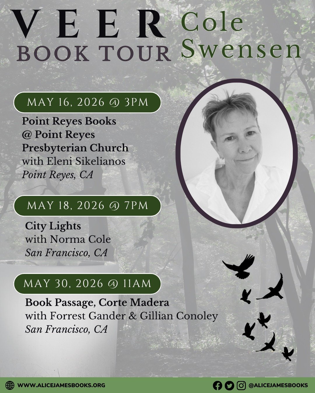 We&rsquo;re excited to share book tour dates celebrating Cole Swensen&rsquo;s VEER, which publishes tomorrow. Swensen will be joined at select events by Forrest Gander, Gillian Conoley, Norma Cole, and Eleni Sikelianos, with stops including City Ligh
