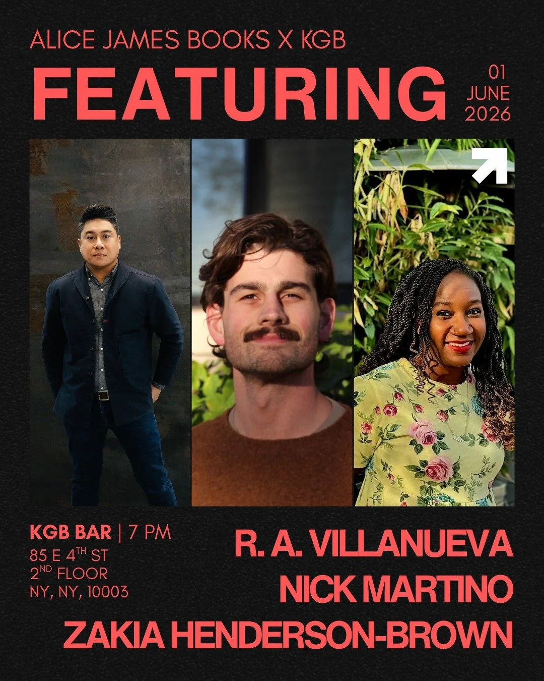 This upcoming Monday (June 1), the KGB Bar Monday Night Poetry Series continues with a standout lineup featuring Alice James Books poets Nick Martino, R. A. Villanueva, and zakia henderson-brown.

Join us in the East Village for an evening of poetry 