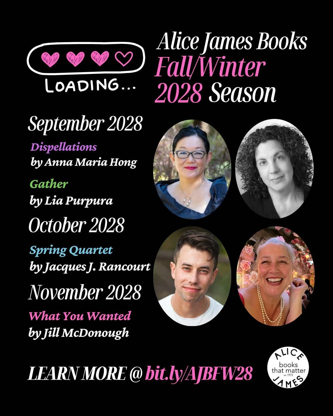📣 Introducing Our Fall/Winter 2028 Books 📣

We&rsquo;re thrilled to welcome Anna Maria Hong, whose DISPELLATIONS won the 2026 #AliceJamesAward and will kick off the season in September 2028.

We&rsquo;re also excited to be publishing three new coll