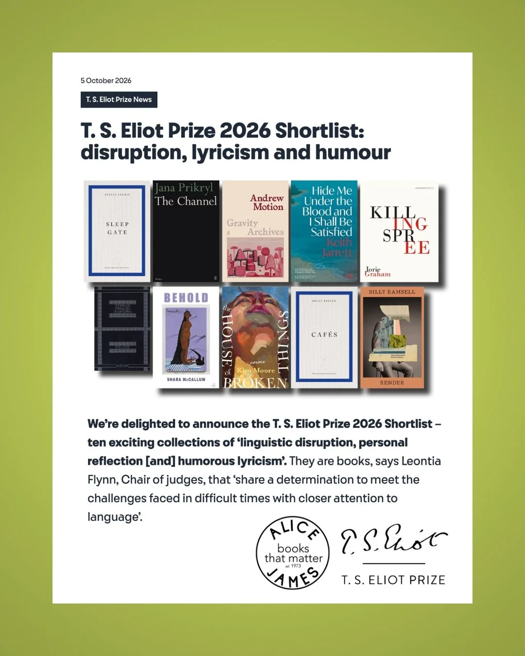 Huge congratulations to Shara McCallum, whose BEHOLD has been shortlisted for this year&rsquo;s T. S. Eliot Prize, and to our friends at @peepaltreepress, who published the UK edition! We&rsquo;re over the moon to see this beautiful book receiving su