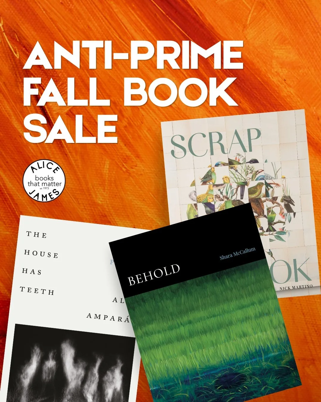#PrimeDay is back, so you know what that means: our Anti-Prime Book Sale is back, too! 💛

Today and tomorrow, shop directly from Alice James Books and enjoy 20% off any order, plus up to 30% off orders over $75.

Run, don&rsquo;t walk! Head to the l