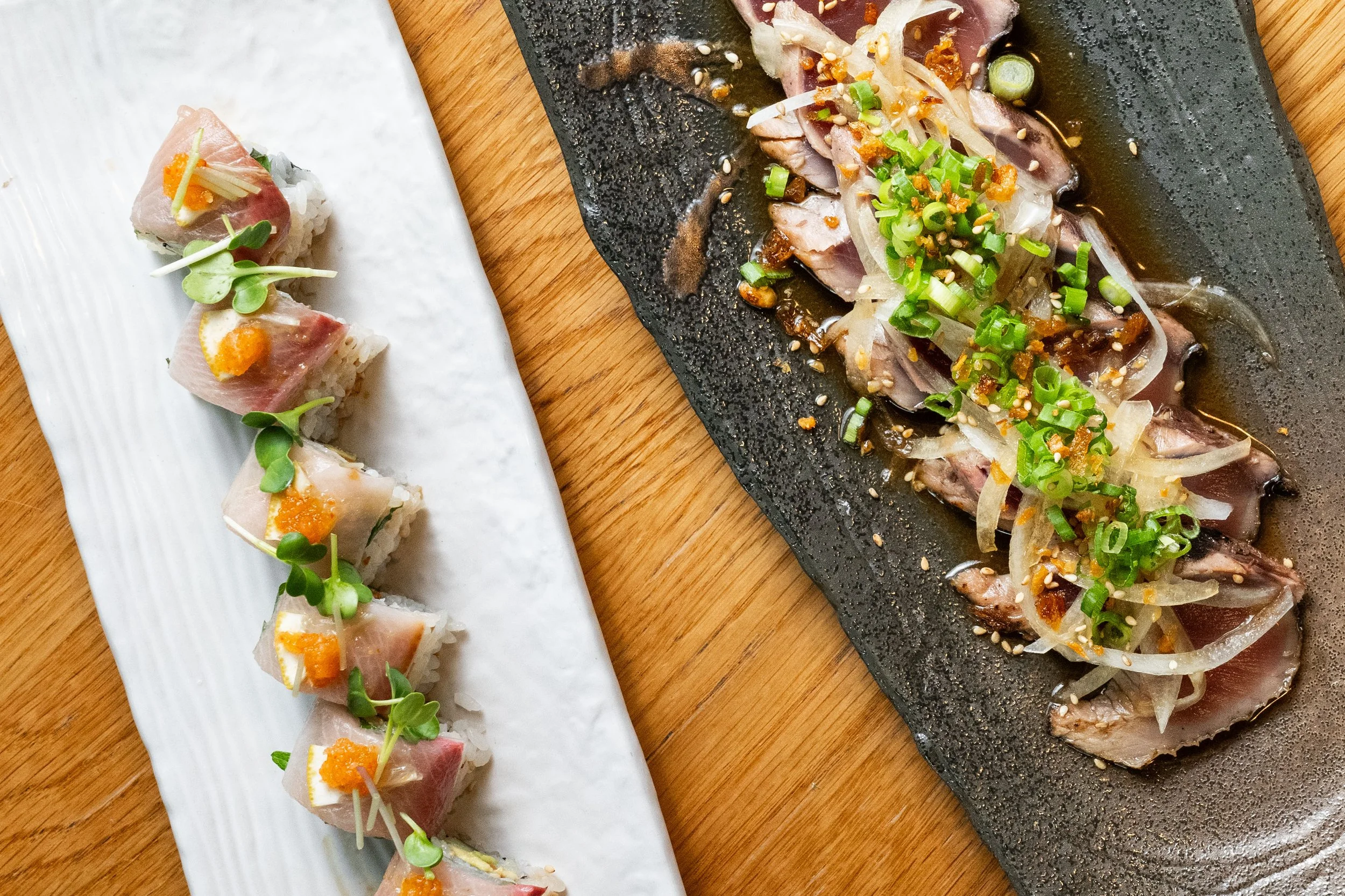 Sushi and Katsuo Tataki on a table