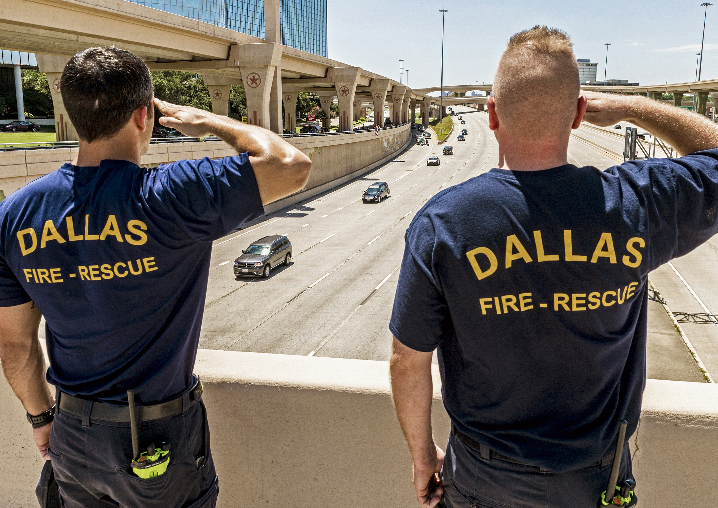  First Responders salute the body of Dallas Police Sgt. Michael Joseph Smith on Interstate 635 in Dallas, TX.  Sgt. Smith was killed when a sniper, Micah Johnson, fired on police officers during a Black Lives Matter protest in downtown Dallas in 2016