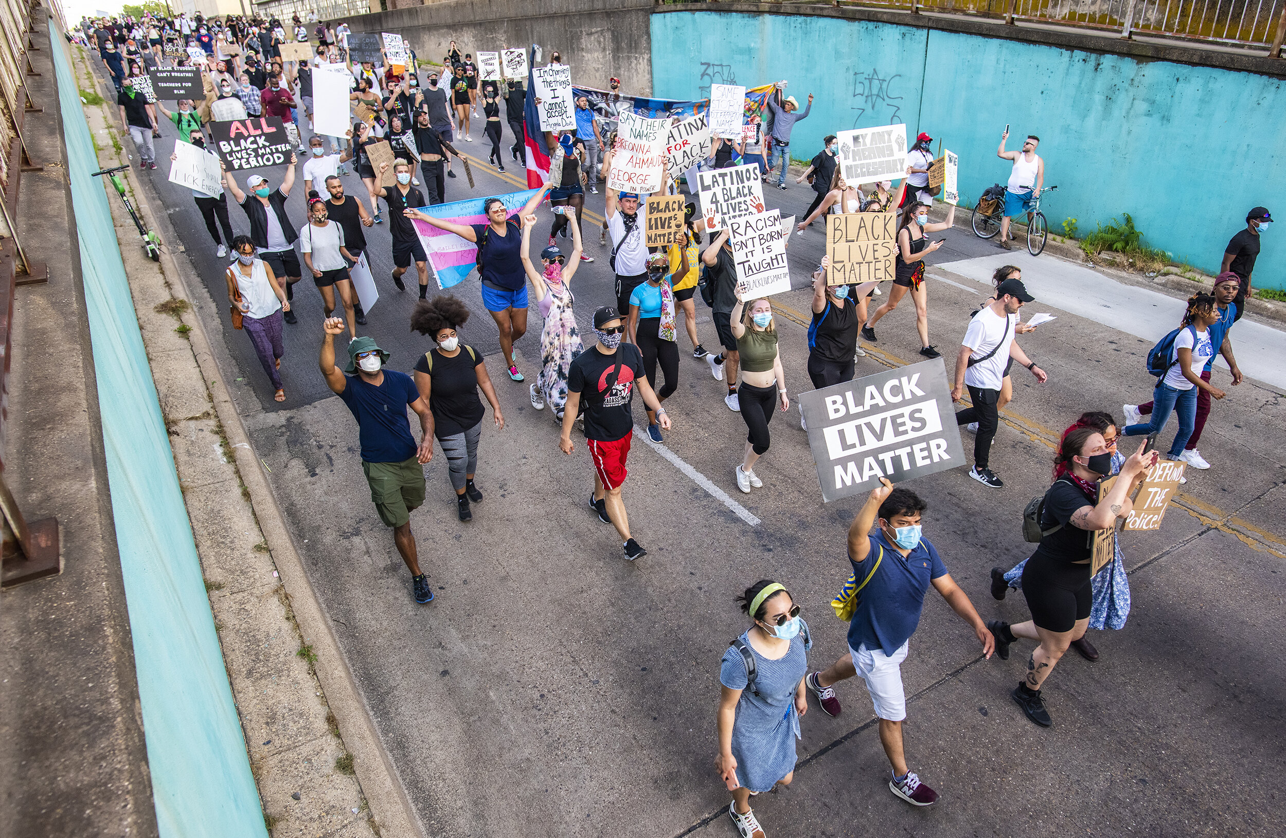  Protesters march down South Ervay Street in Dallas, TX on June 7, 2020.   Anti-police brutality protests throughout the month were marked by youth and ethnic diversity. 