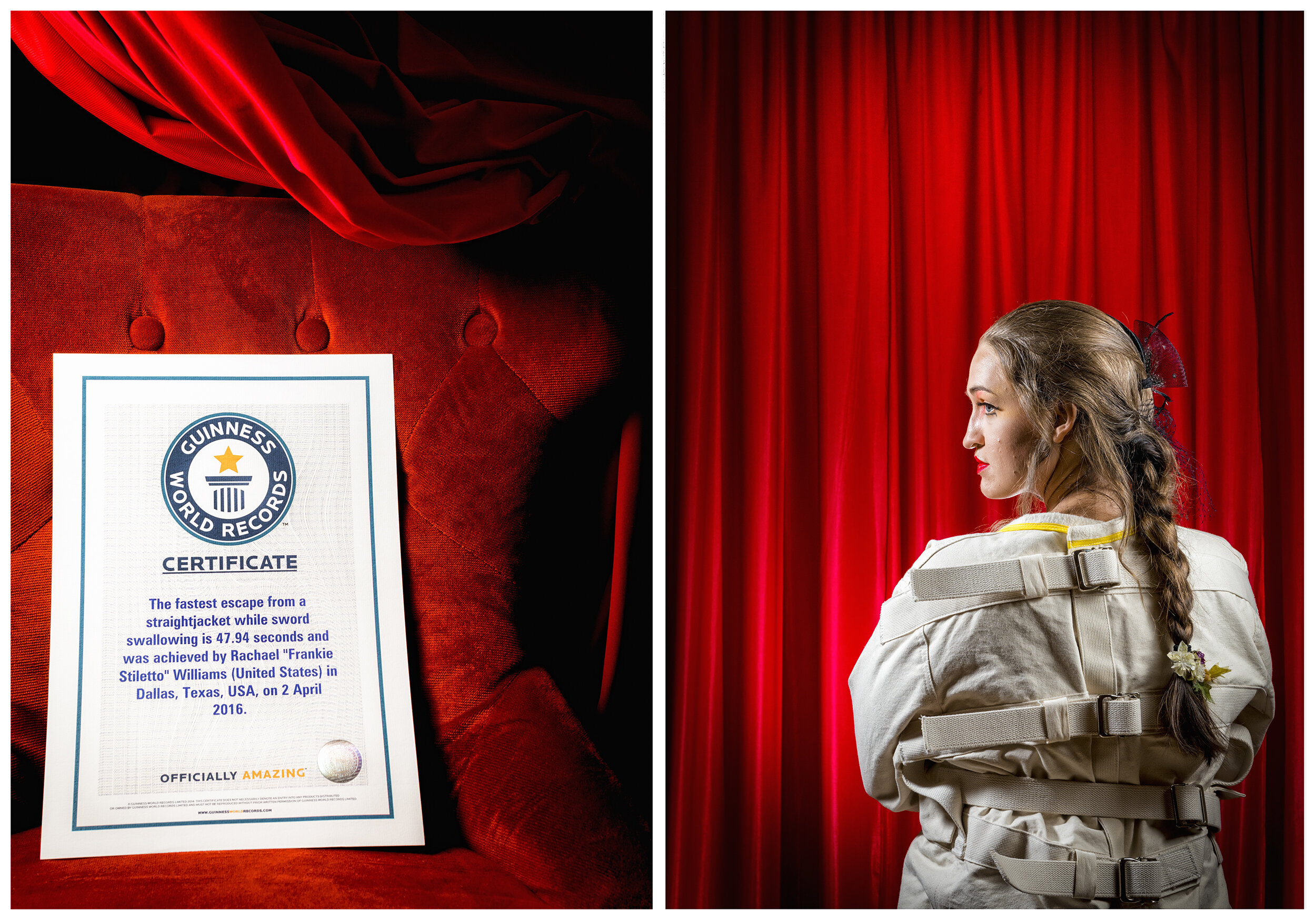  Rachael Williams, aka Frankie Stiletto, poses for a portrait while wearing a straight jacket in Dallas, TX.  In April 2016, Williams earned a Guinness World Records certificate for her “fastest escape from a straight jacket while sword swallowing in