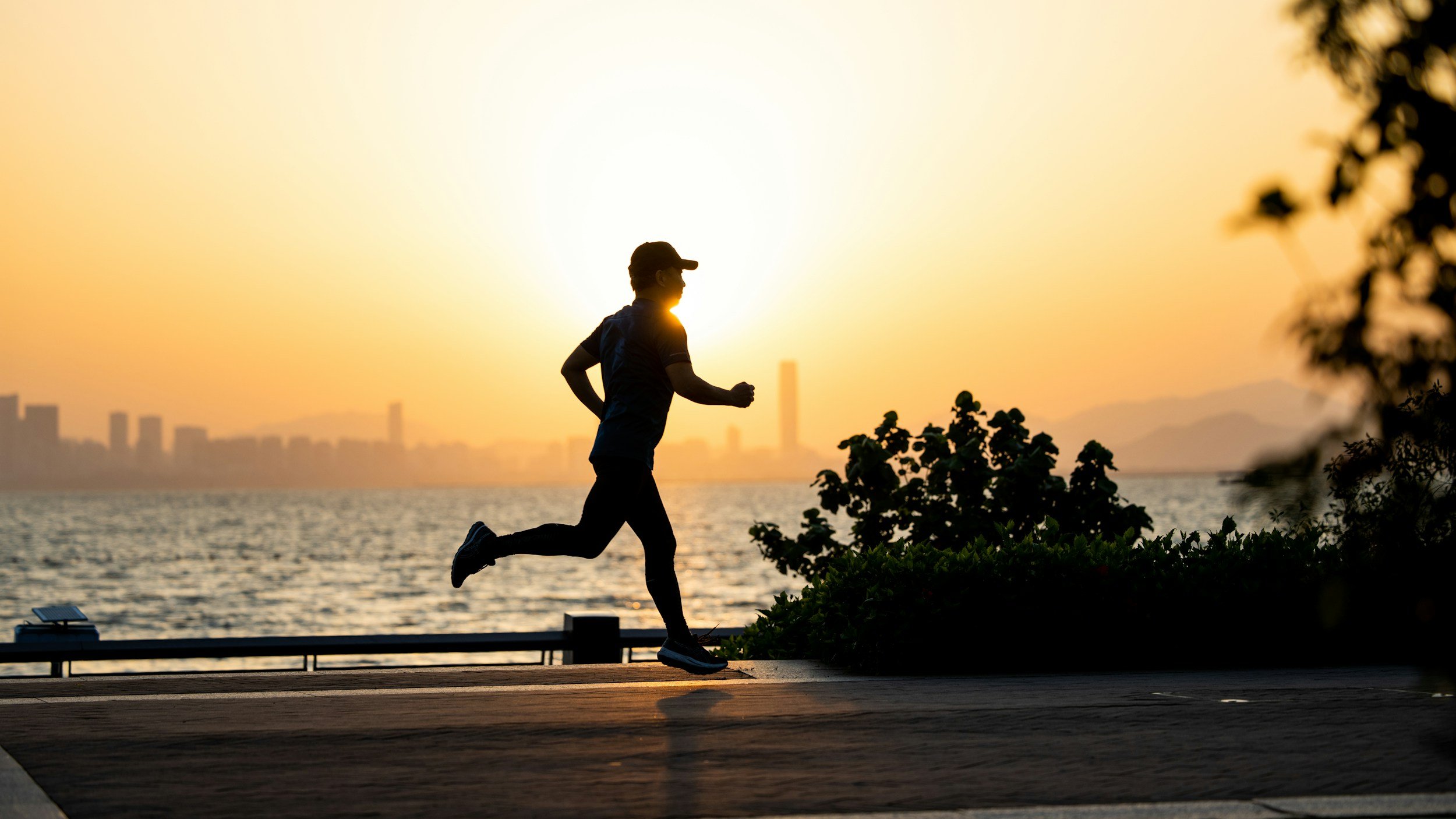 Silhouette of a person running along a waterfront during sunset, with city skyline in the background and trees in the foreground.