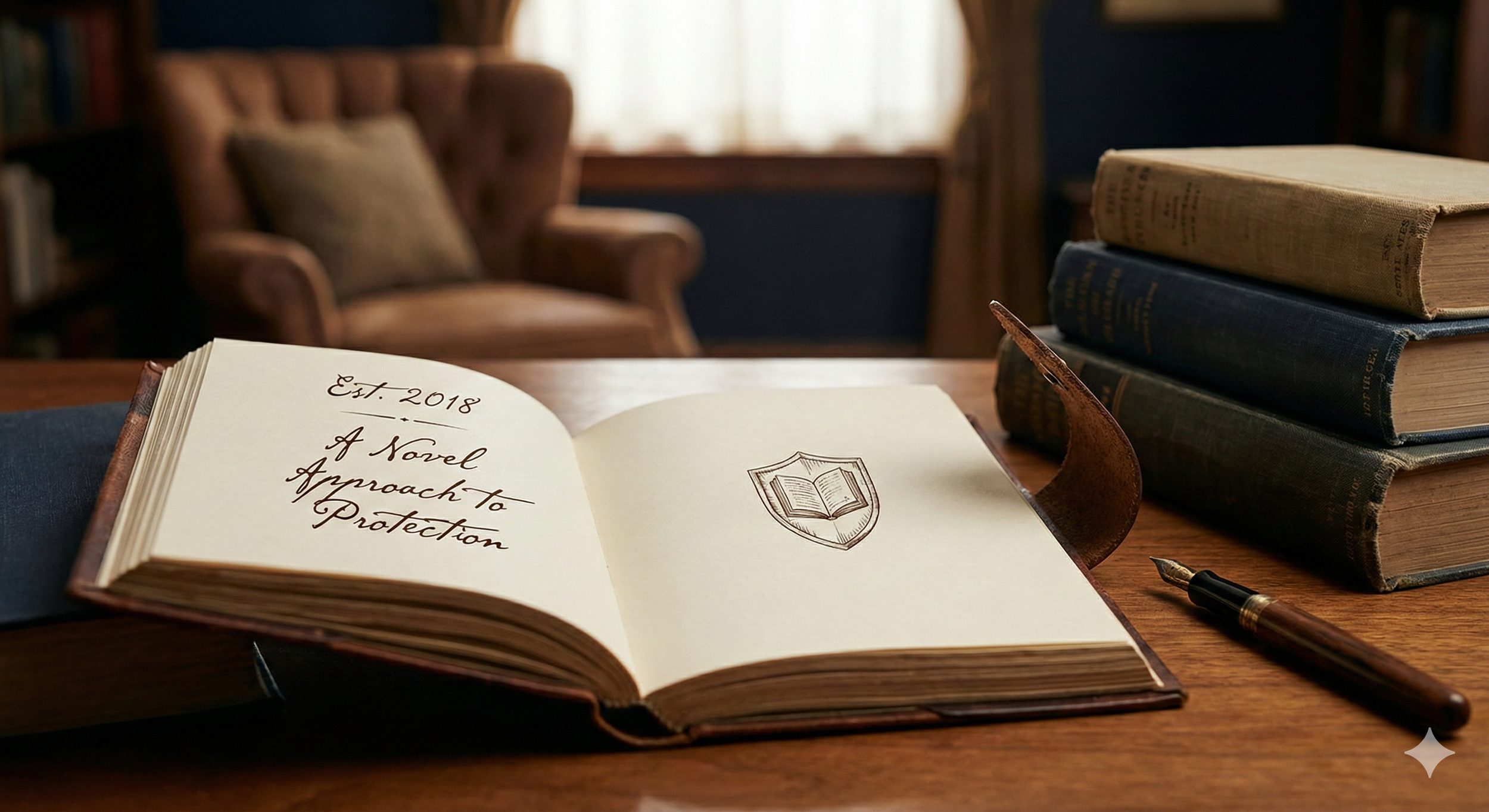 Open book on wooden table with handwritten note saying 'Est. 2018, A Novel Approach to Protection' and a shield with an open book sketch inside. To the right, a stack of three antique books. In the background, a cozy living room with a brown upholstered armchair and a window with curtains.