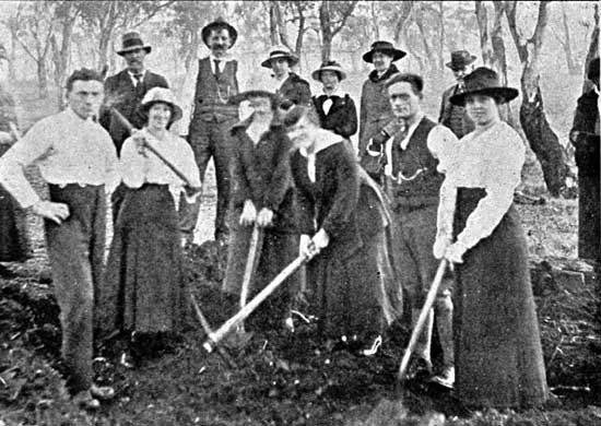   Group of workers who assisted with the digging of holes for the Soldiers Avenue, 29/6/1918.  [Tasmanian Mail 4th July 1918 p19] 