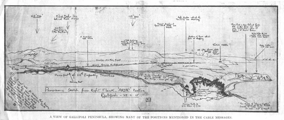   A sketch of the Gallipoli positions later published in the Tasmanian Mail. The note in the bottom left corner reads "I must add for realism that being sniped at by some inartistic Turk caused me to finish sketch rather hurriedly - so any crookedness in the Aiming Posts can be credited to Kaiser Bill as usual - Query - 'Should [obscure] make Turkish Delight?" The note to the bottom right reads "Two cases of "Johnnie Walker" washed up on the Beach Inside M. Turks lines. So sad! Out of reach!. The remainder of the captions point out Trukish batteries, trench lines and observation points. The aiming posts were used by artillery observers to mark and adjust the fall of shot. This and the "Melbourne Mansion" skecth therefore had a very practical purpose for Keith and other observers.  