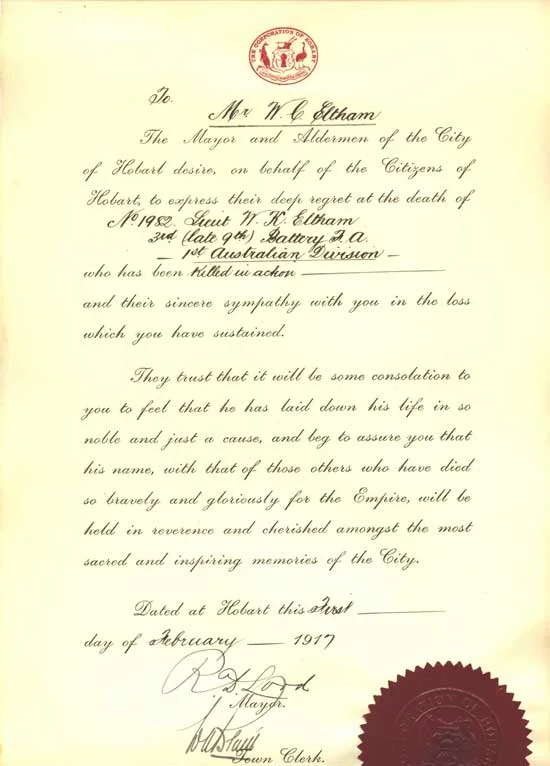The Hobart City Council issued certificates of thanks and remembrance to the next of in of all servicemen who died. The sentiments expressed in the last sentence reflect the motivations behind the planting of the Memorial Avenue but have not always been sustained.