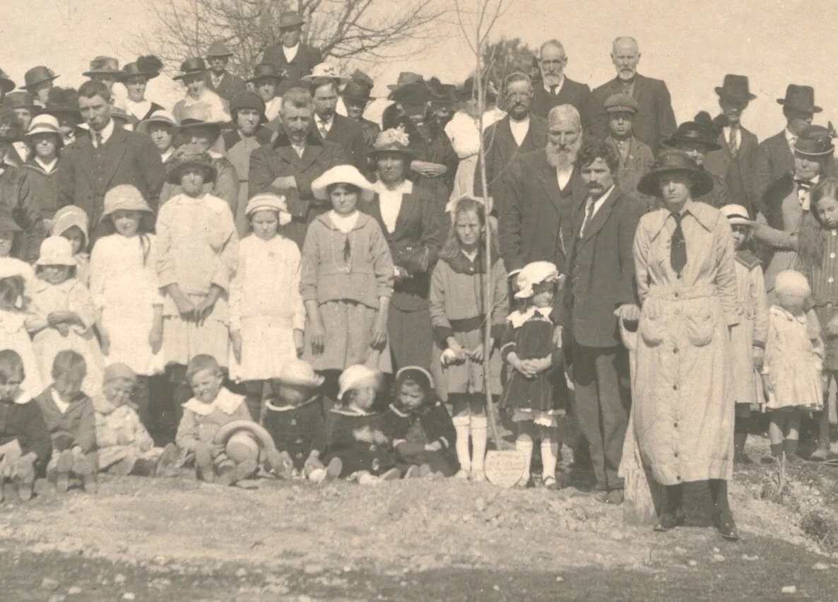Close up of the crowd gathered for the official photo. Note the name board at the base of the sapling.
