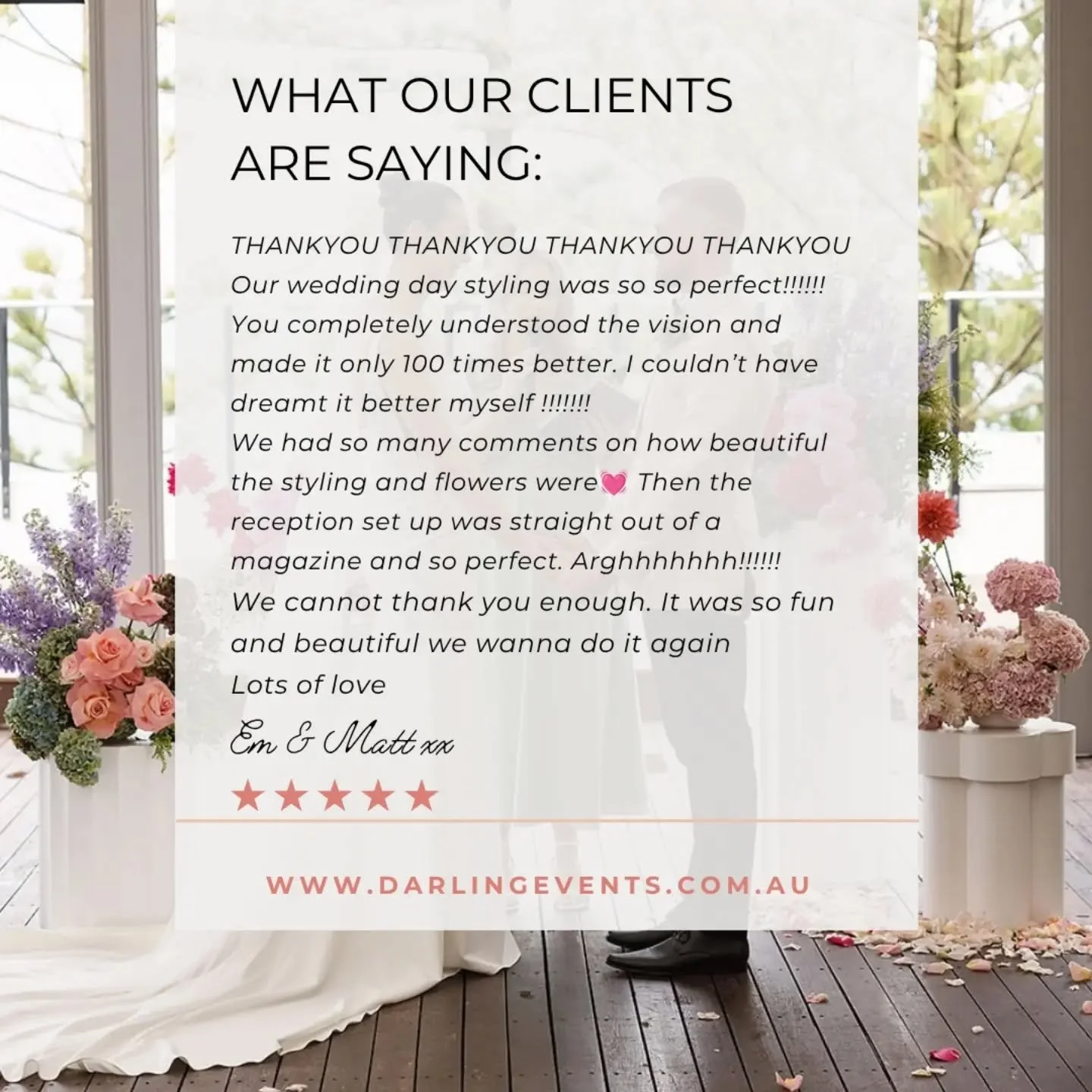 Client Love ✨️

Always want to exceed expectations. Creating your drean day with as much love and ease as possible. 
If this is your vibe we'd love to help plan your wedding florals and styling for the rest of 2026 or 2027. 

www.darlingevents.com.au