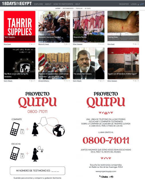 Figure 8 (above): Polyvocal database as an alternate reading of history in 18 Days in Egypt (Jigar Mehta and Yasmin Elayat, 2011). Screenshot. Figure 9 (below): An instructional brochure that was distributed to the indigenous community in the Quipu Project (2014). Screenshot from the project brochure.