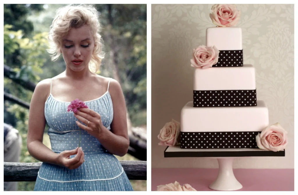 collage of a wedding cake and an image of Marilyn Monroe
