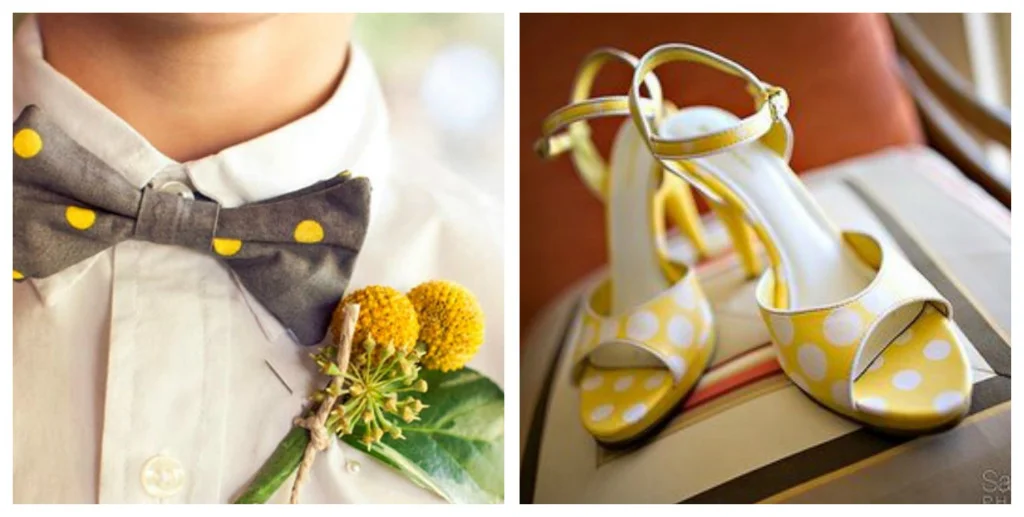 collage of Polkadot Wedding Inspiration accessories on yellow