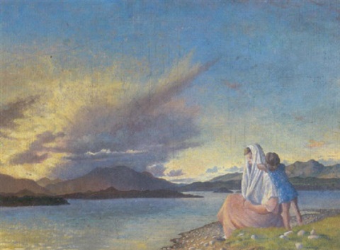 Mother and Child on the Shore off an Irish lough (Oil on board), by Sine Mackinnon (1901–1997)