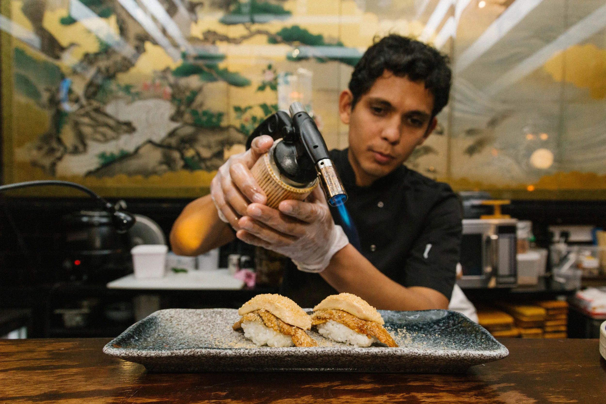 Torching the Fois Gras Unagi nigiri
