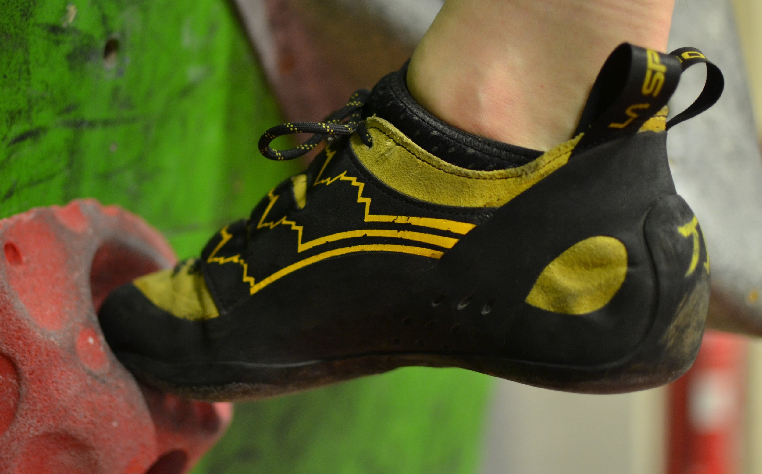 downturned climbing shoes