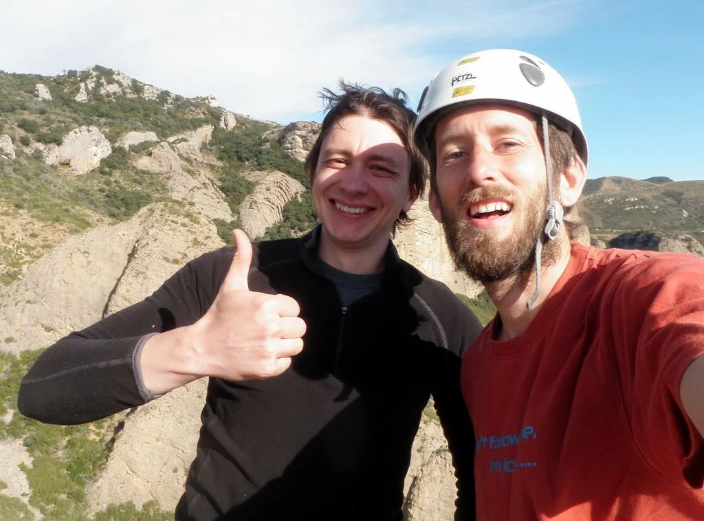 Windle and Ali (right) in Riglos, 100m up! Photo by Ali Palmer. Used with permission.