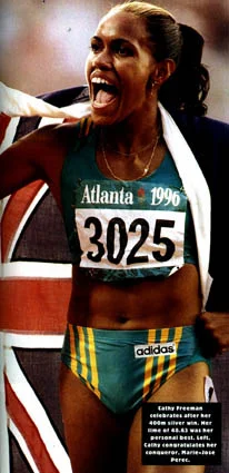 Cathy Freeman’s magnificent run to take silver behind Perec in the 400m final. She actually ran faster in Atlanta than she did in Sydney