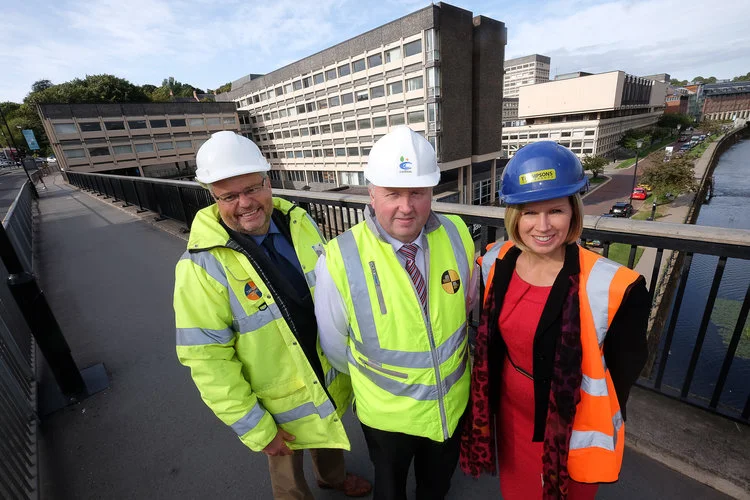 Photo caption: Left to right, Ian Beaumont (Milburngate Project Manager), Steve Hunter (Project Director, Carillion Construction Ltd) and Helen Hillary (Director, Thompsons of Prudhoe) in front of Milburngate House.
