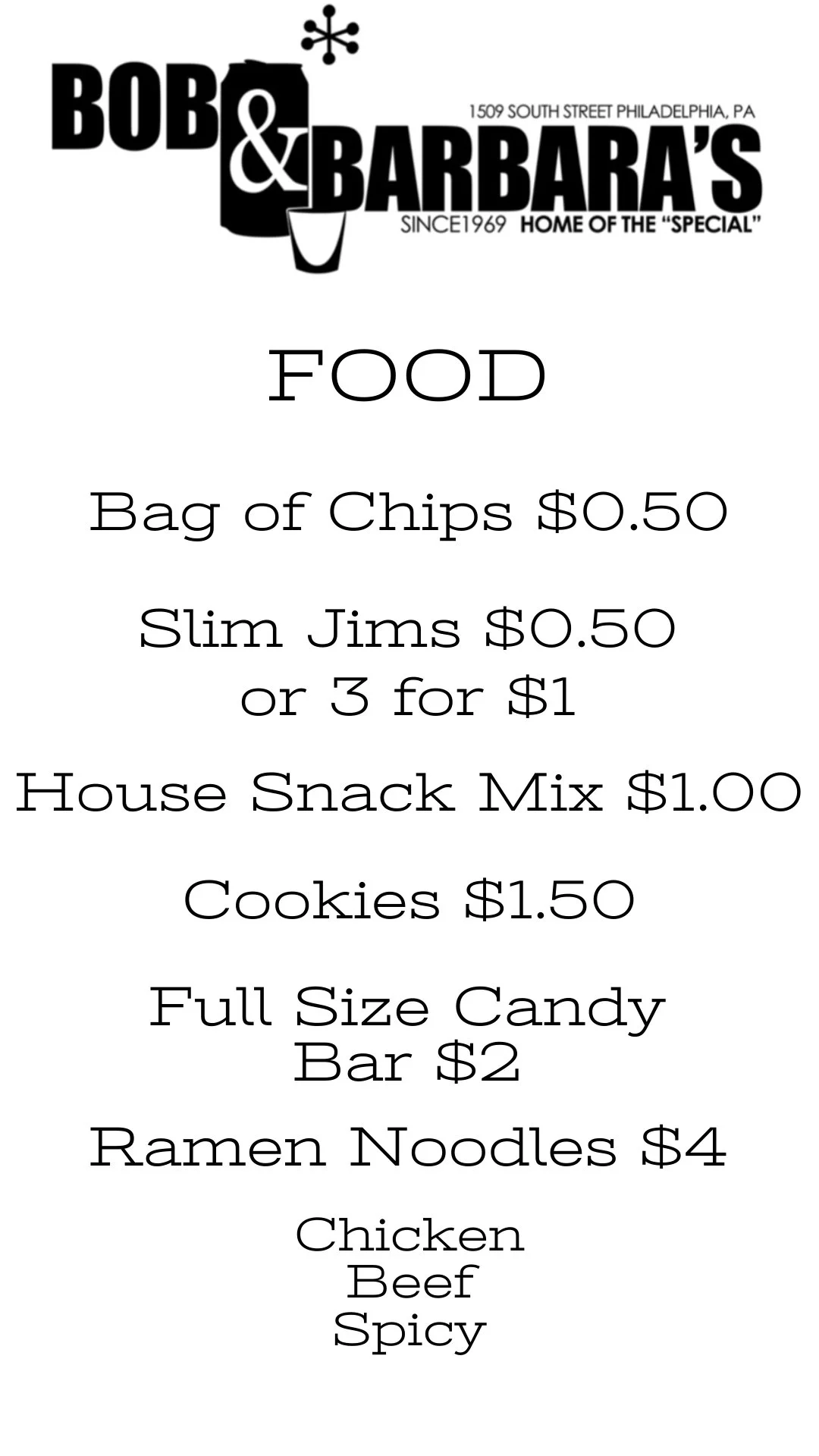 Menu — Bob & Barbara's Lounge