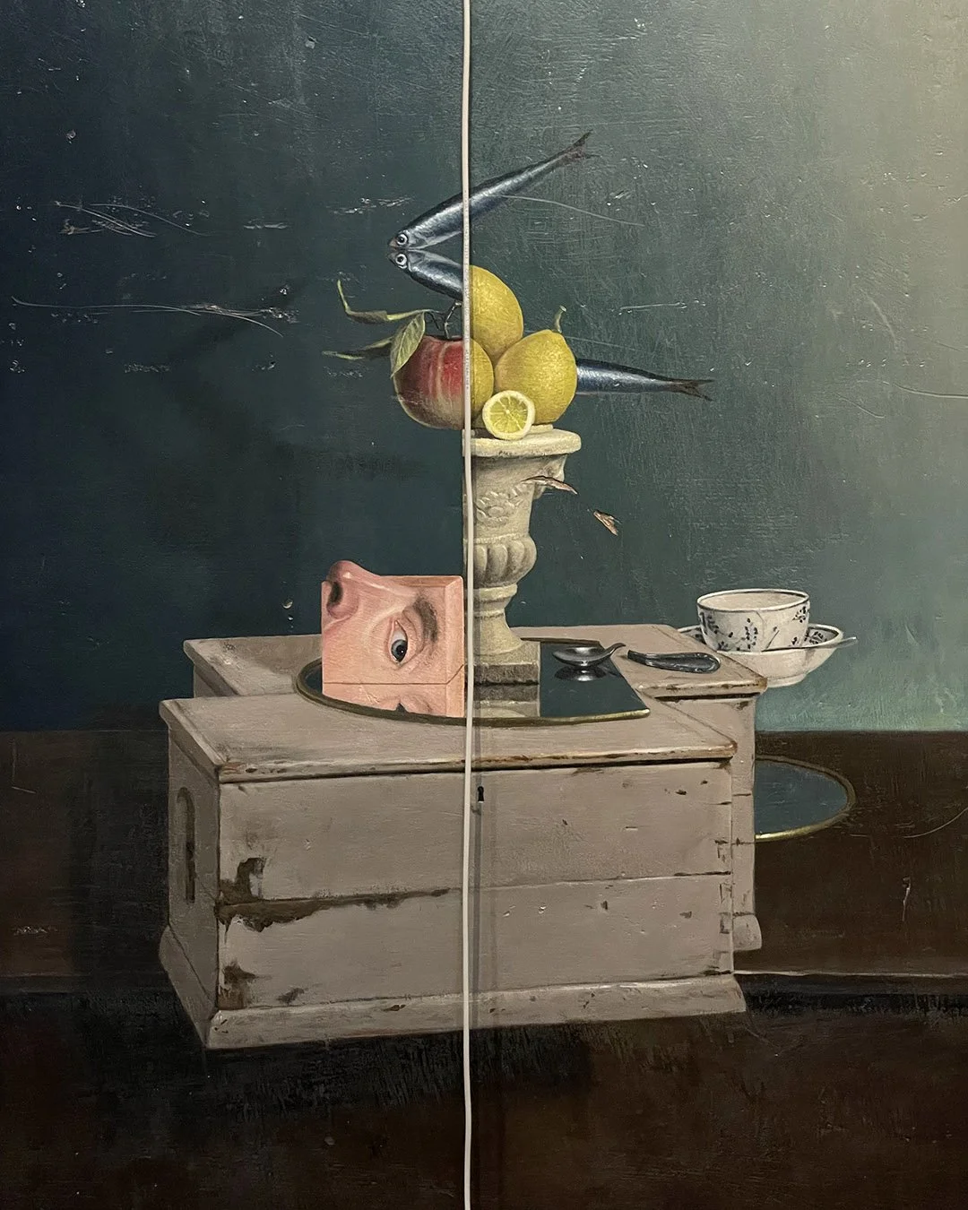 1 Virgilio Rospigliosi Colazione sul lago di Como (Defunzionalizzazione) . 2004-2025, acrilico su tavola, filo elettrico, porcellana e acciaio 100x70 2.jpg