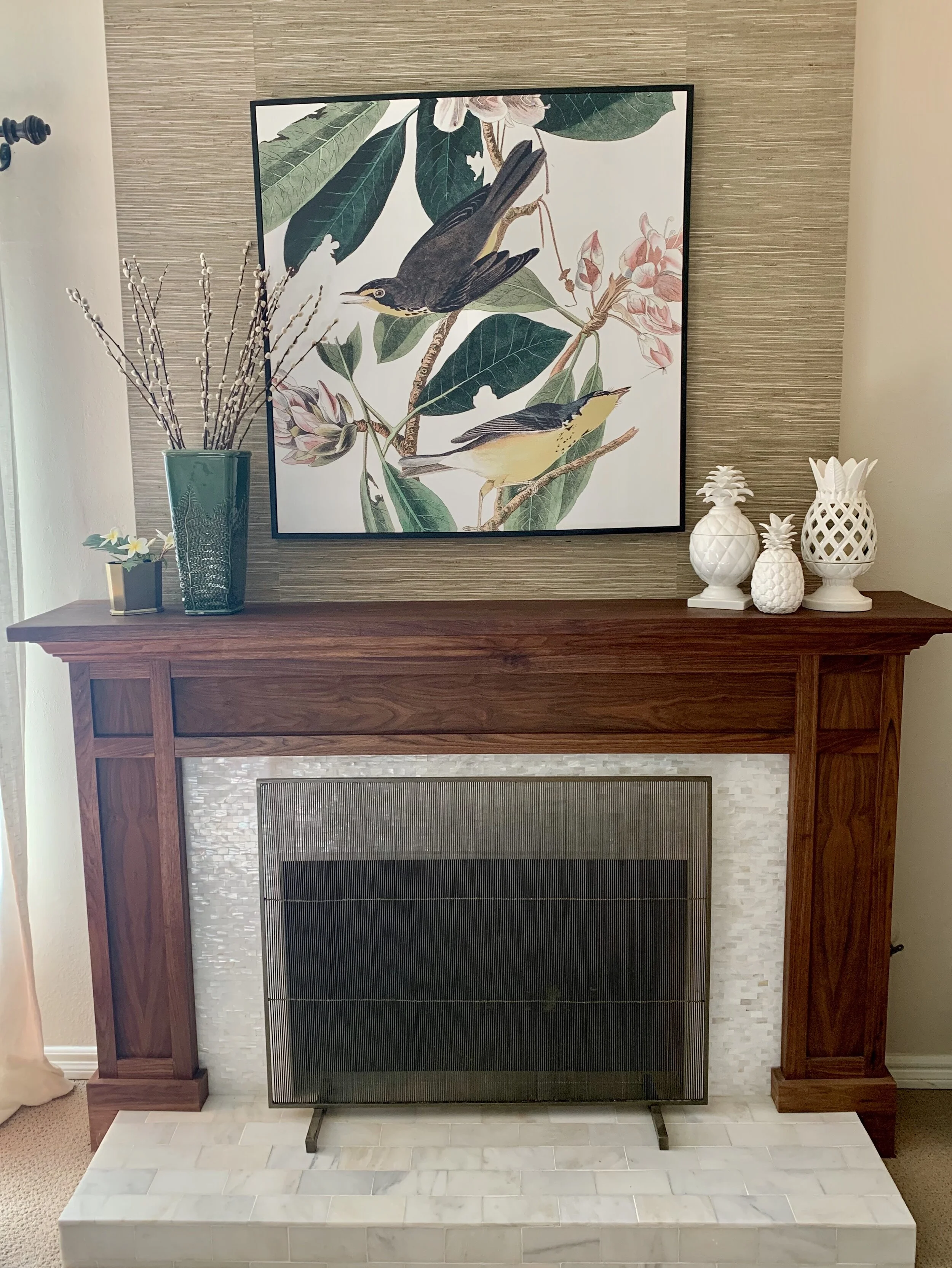 custom walnut mantle with mother of pearl tile and marble tile