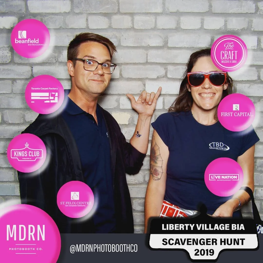 David & @kristasayer checking off @mdrnphotoboothco's stop at the @libertyvillagebia Scavenger Hunt before taking 2nd place! 
#toronto #libertyvillage #lvscavengerhunt2019 #photobooth
