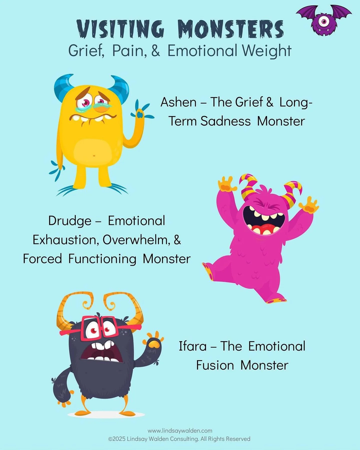 Meet Your Monsters, Master Your Mind!

When Feelings Settle or Don&rsquo;t Settle So Well

This final group of Visiting Monsters appears when life becomes heavy. These monsters carry grief, fatigue, longing, and the kind of emotional weight that slow