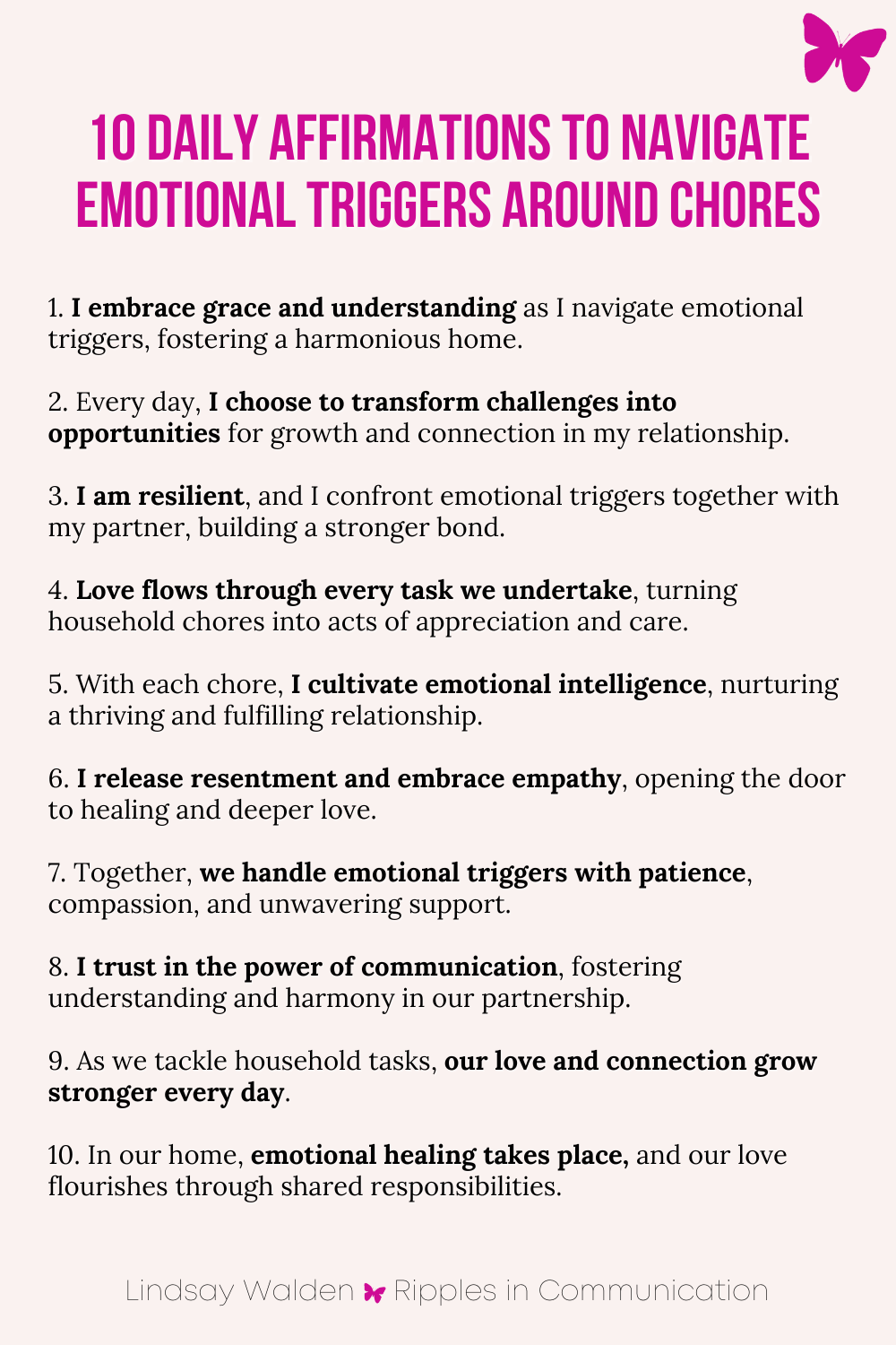 Pale pink background with 10 Daily Affirmations to Navigate Emotional Triggers Around Chores