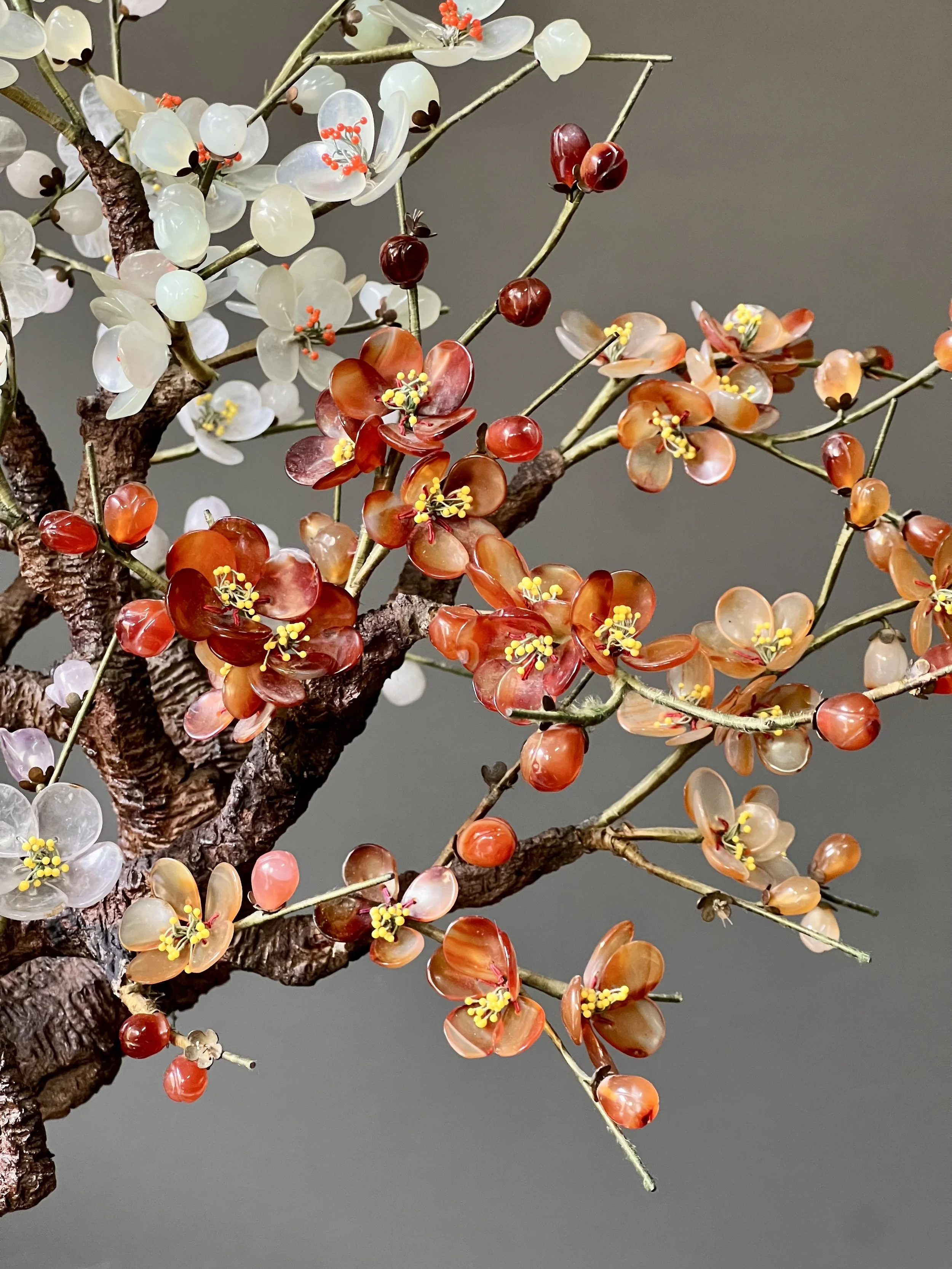 Pair of Antique Chinese Hardstone and Cloisonné Prunus Bonsai Trees