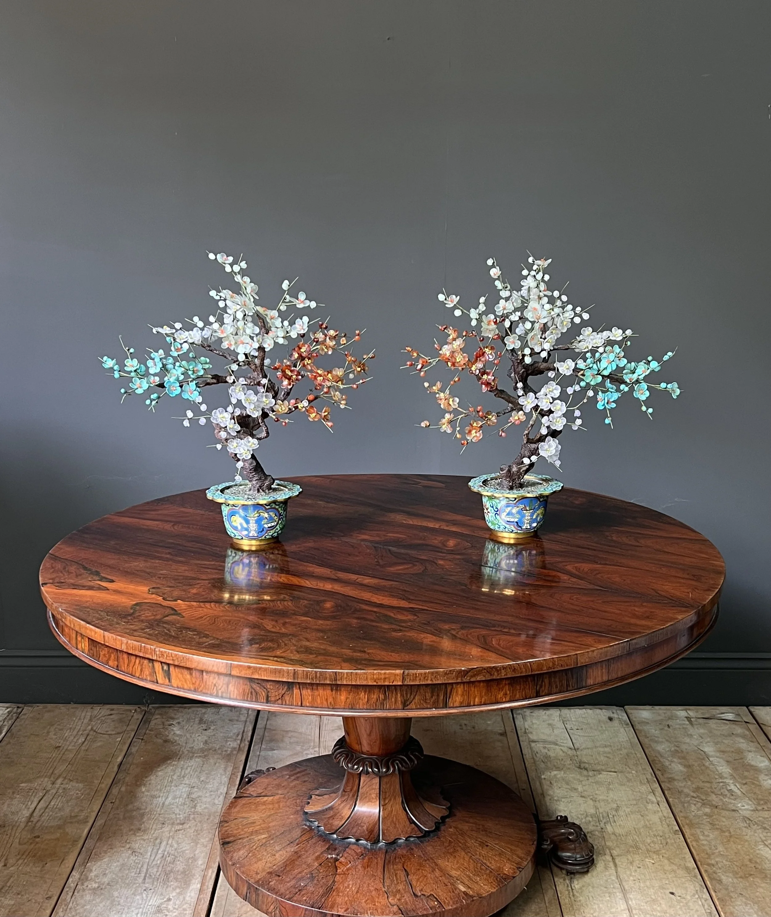 Pair of Antique Chinese Hardstone and Cloisonné Prunus Bonsai Trees