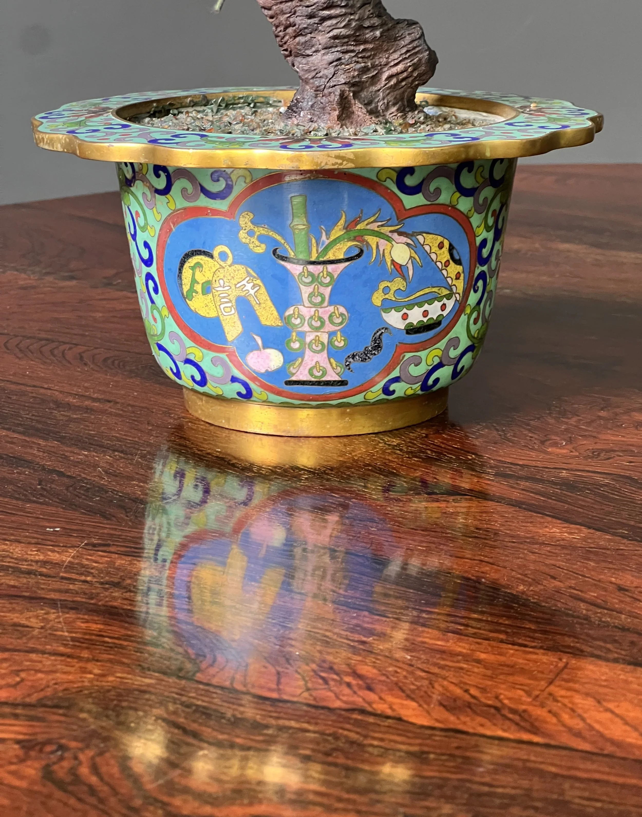 Pair of Antique Chinese Hardstone and Cloisonné Prunus Bonsai Trees