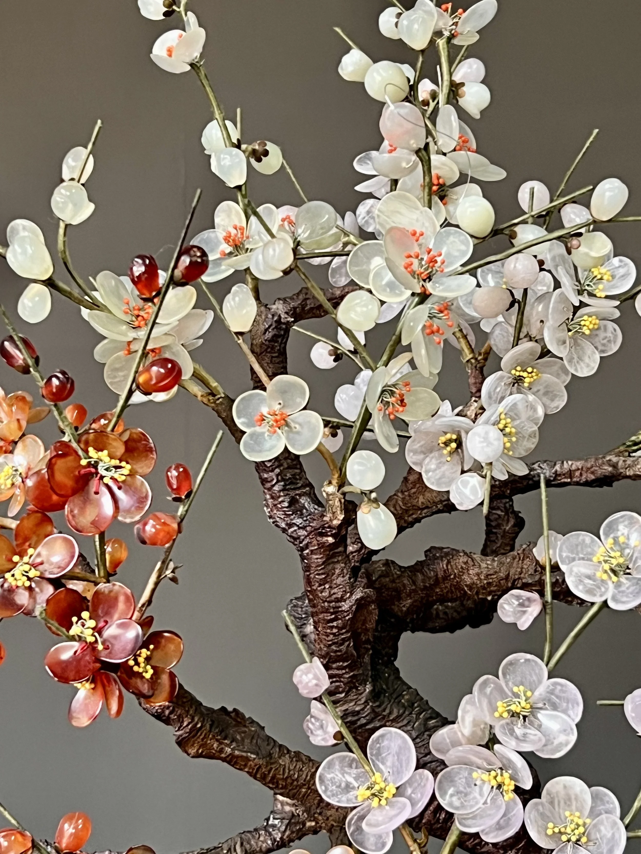 Pair of Antique Chinese Hardstone and Cloisonné Prunus Bonsai Trees