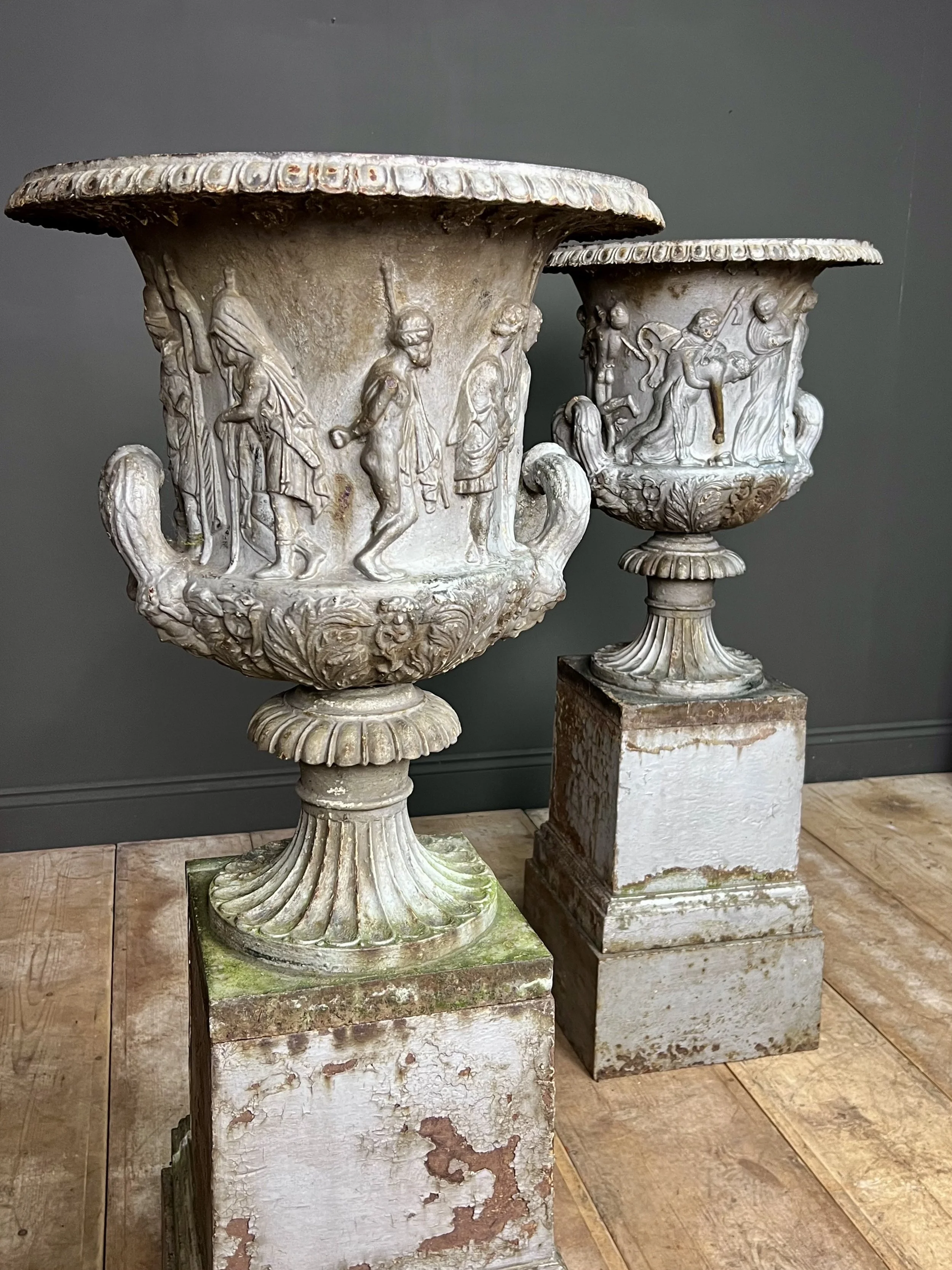 Rare pair of 19th Century cast iron Medici Borghese Urns and stands by Andrew Handyside
