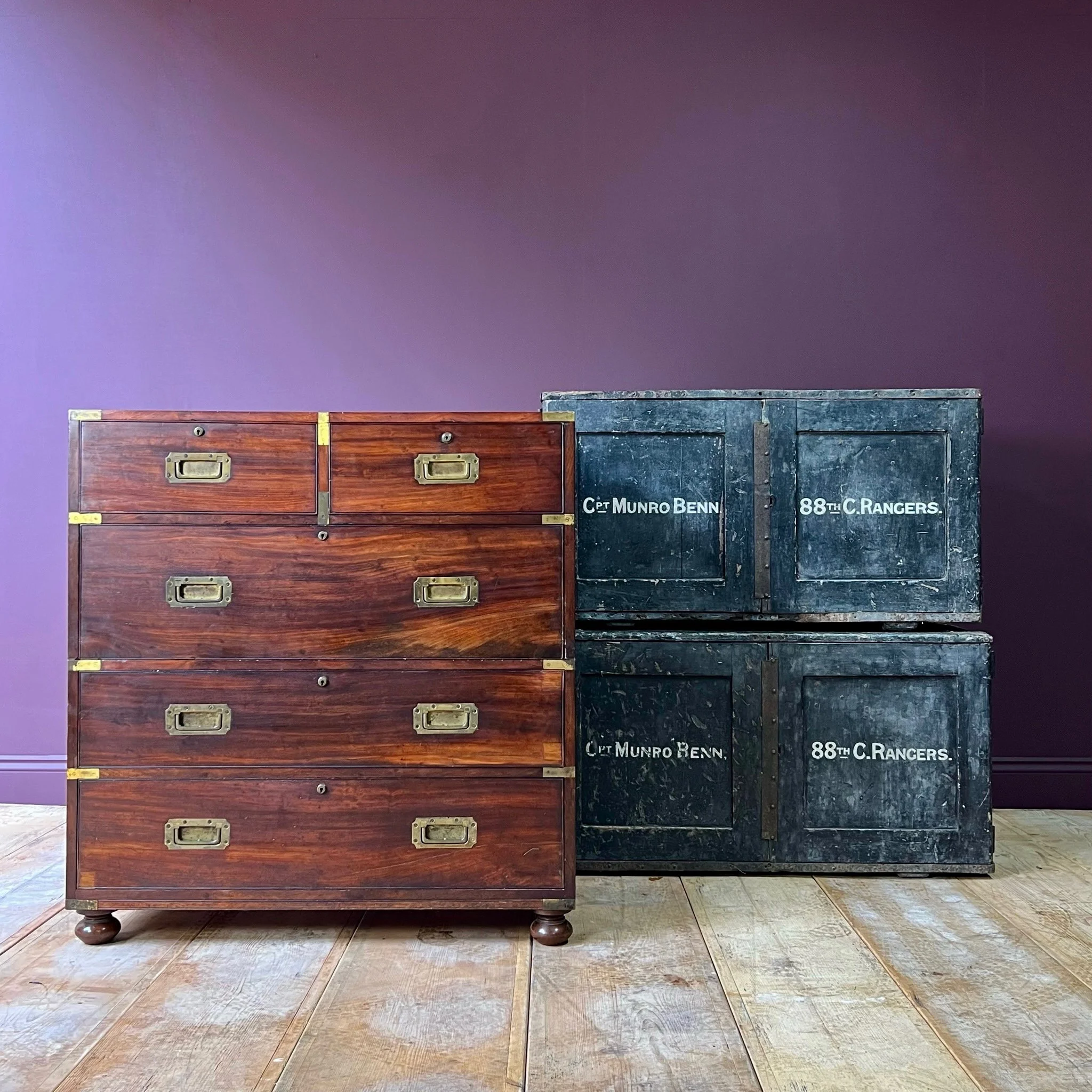 Extremely rare early 19th Century Secretaire Campaign Chest and original packing boxes, probably by reputed London maker William Day