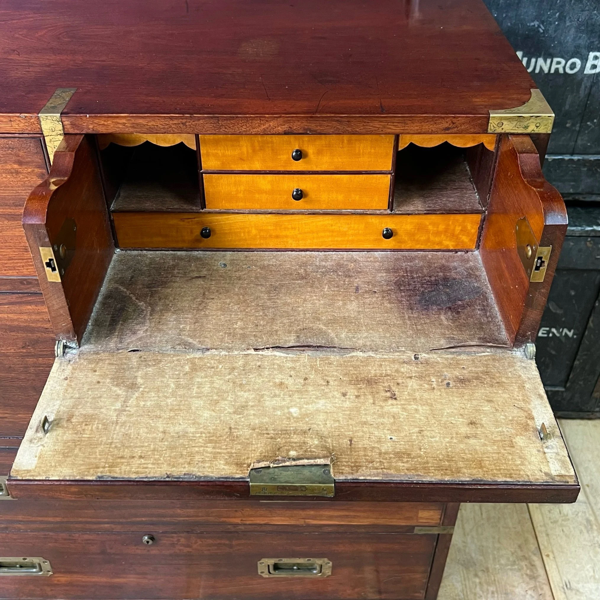 Extremely rare early 19th Century Secretaire Campaign Chest and original packing boxes, probably by reputed London maker William Day