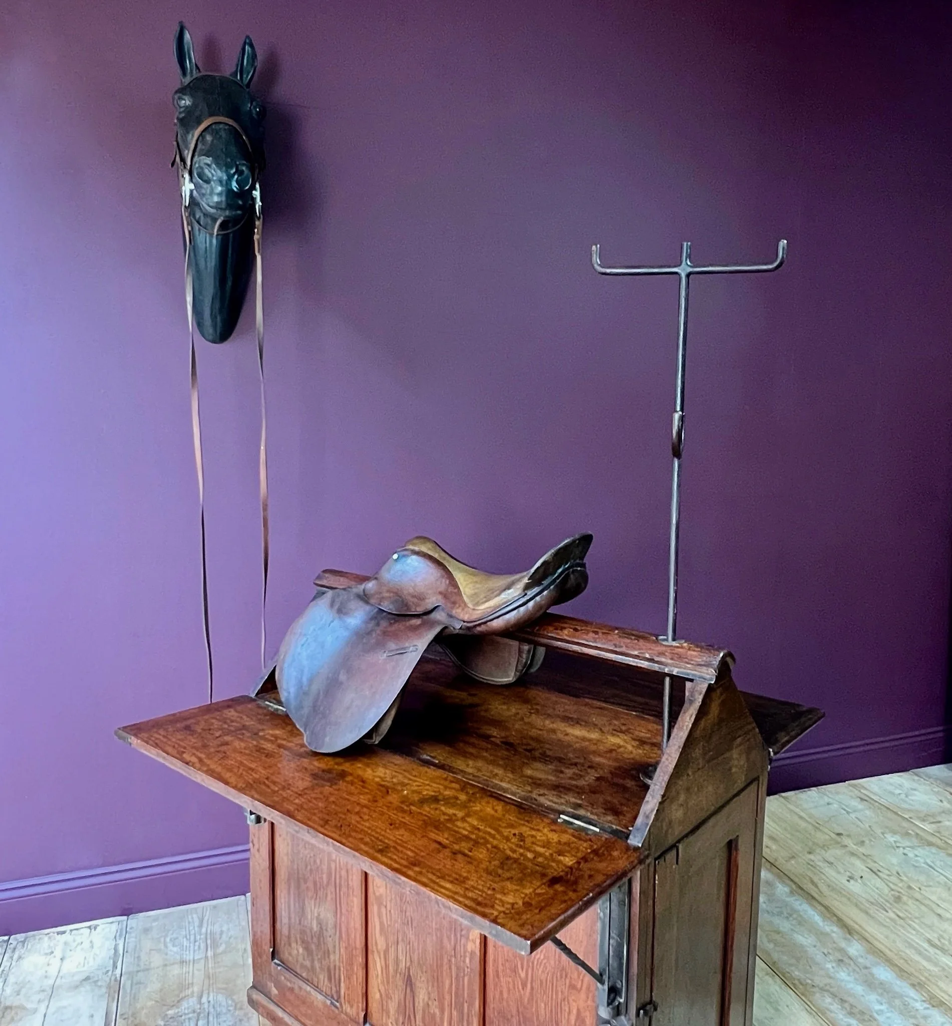 Rare mid to late 19th Century pitch pine saddle rack or horse by Musgrave & Co Ltd.
