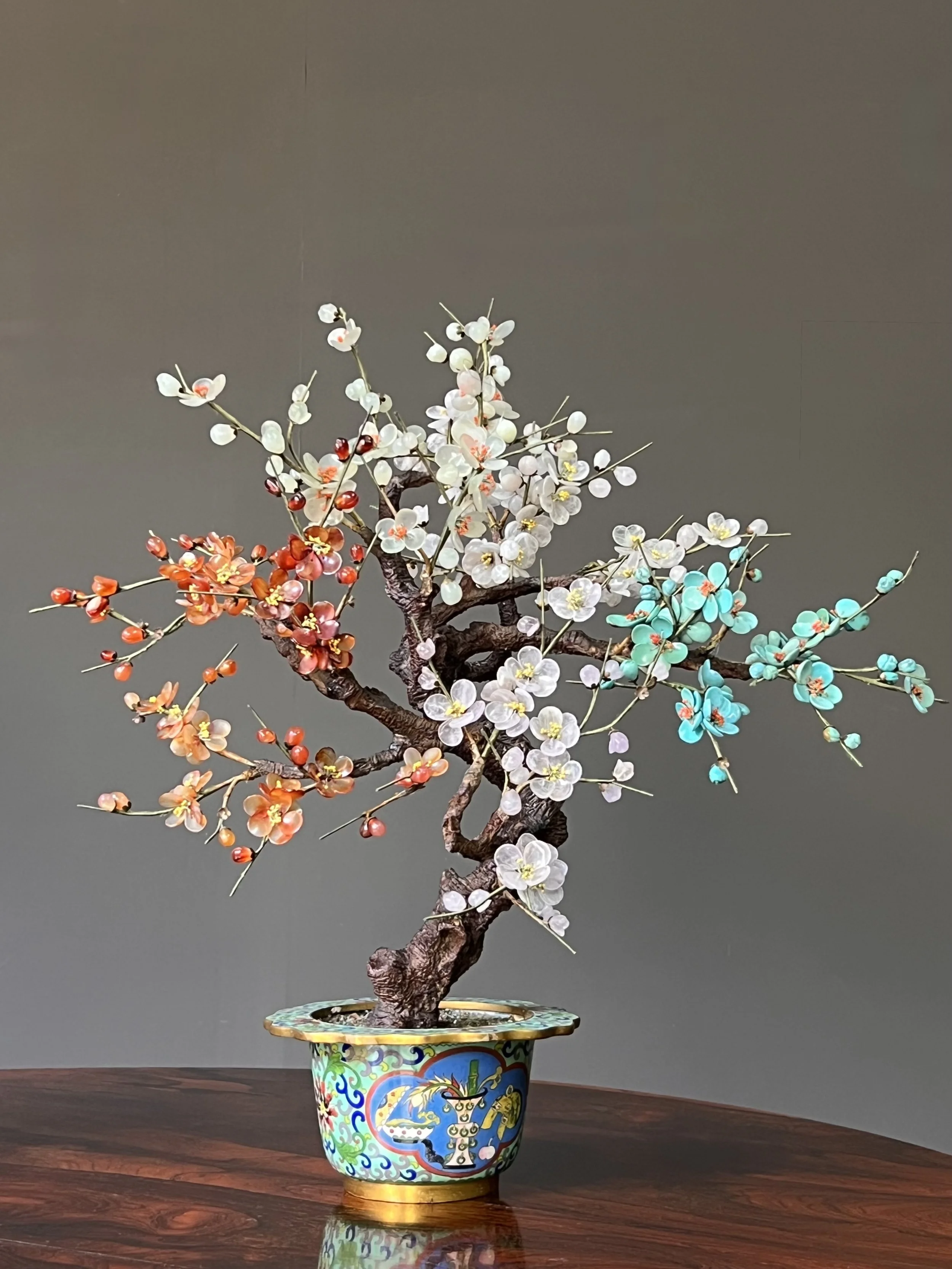 Pair of Antique Chinese Hardstone and Cloisonné Prunus Bonsai Trees